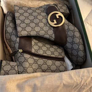 Gucci Gray Monogram Bag with Gold Buckle